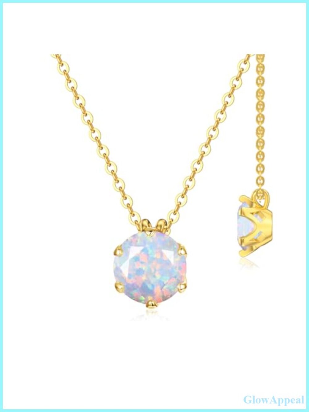 14k Gold 1CT Round Created Opal Birthstone Necklace 16+2 Inch Adjustable